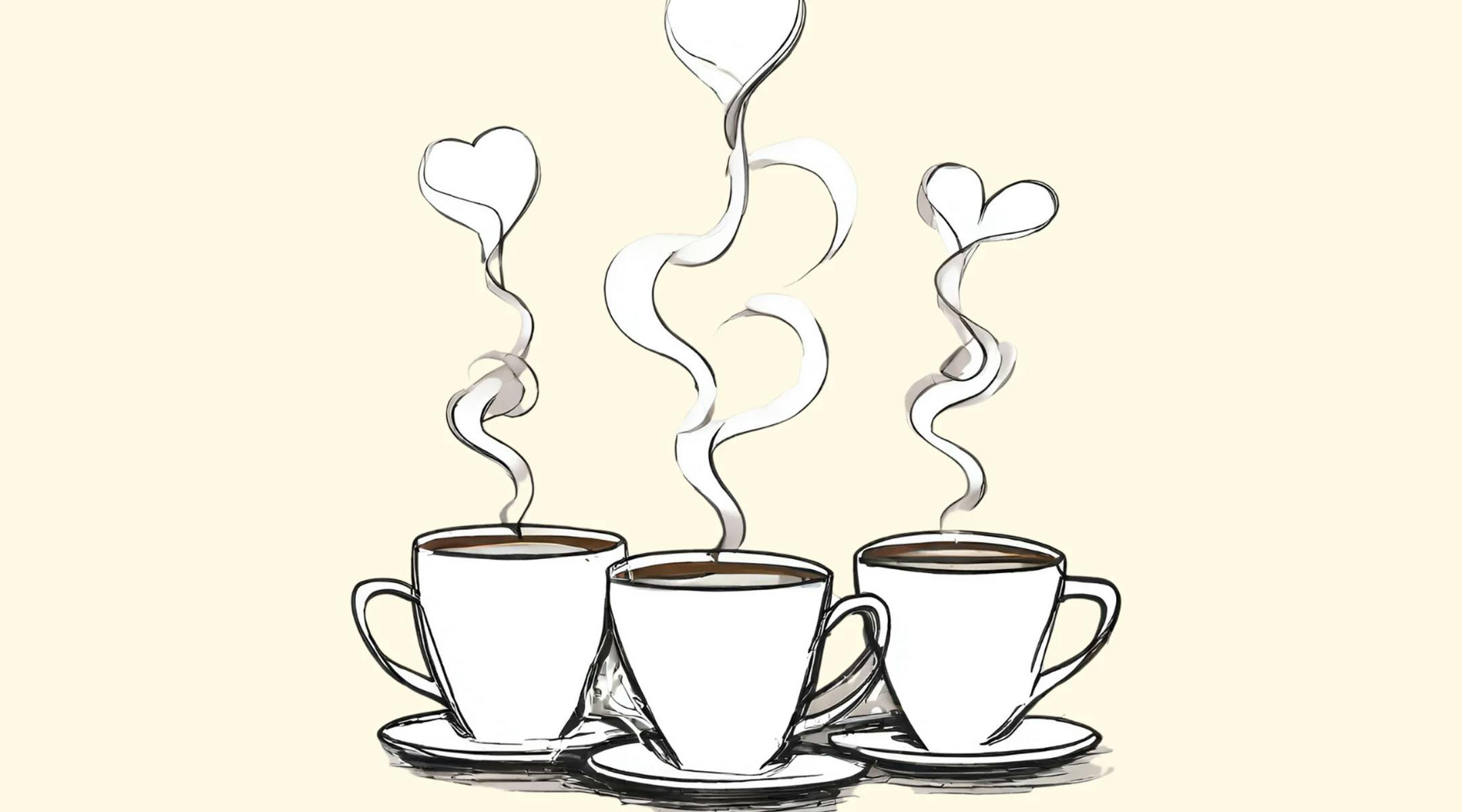 Tre kaffekopper med røyk formet som hjerter